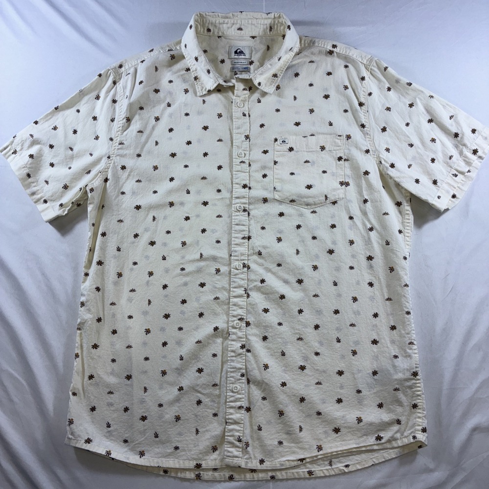 Quiksilver Mens XL Regular Fit Short Sleeve Button Down Shirt Floral Print Cream